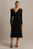 Alexis Black Plunge Neck Midi Dress With Draped And Ruched Detailing