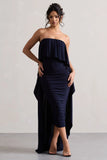 Upon A Time Navy Ruched Bandeau Midi Dress With Cape