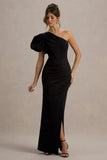 Vittoria Black Asymmetric Puff Sleeve Split Maxi Dress