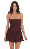 Strapless Ruched Flare Dress in Brown
