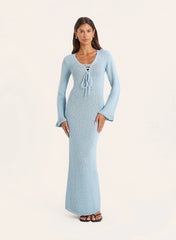 Blue Knitted Tie Front Maxi Dress
