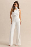 Gliselle White Asymmetric Neck Jumpsuit With Scarf Detail