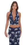 Mesh Floral Plunge Neck Two Piece Set in Navy