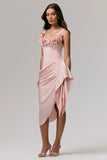 Letitia Pale Pink Square Neck Floral Detailed Wrap Midi Dress