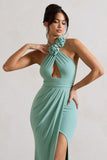 Kira Sage Halter Neck Cut Out Split Maxi Dress With Flowers