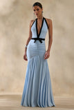 Cosmina Powder Blue Plunge Neck Maxi Dress With Bow Detail