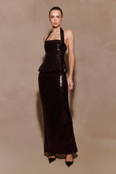 Bertie Sequin Peplum Halter Maxi Dress Black