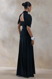 Evelisse Black High Neck Maxi Dress With Short Cape Sleeves