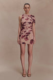 Adrienne One Shoulder Mesh Mini Dress Nude Blurred Floral Print