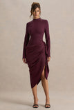 Raffie Plum Long Sleeve Midi Dress With Satin Wrap Skirt