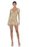 Sequin V Neck Long Sleeve Dress in Gold