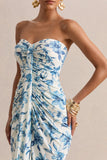 Ali Blue Porcelain Print Sweetheart Ruched Wrap Maxi Dress