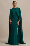 Padma Bottle Green Draped Maxi Dress With Cape Sleeves