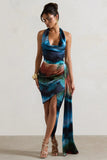 Bali Blue Blur Print Satin Cowl Neck Draped Midi Dress