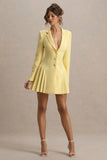 Blossoming Lemon Plunge Neck Tailored Mini Dress With Pleating