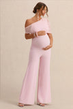 Mariska Light Pink Asymmetric Neck Maternity Jumpsuit With Sash Detail
