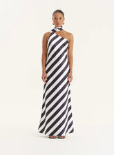 Stripe Print Satin One Shoulder Maxi Dress