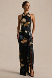 Sunflower Dark Lily Print High Neck Maxi Dress With Front High Split