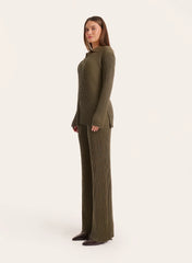 Olive Ribbed Knit Straight Leg Trousers