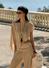 Beige Sheer Asymmetric Hem Cape Top