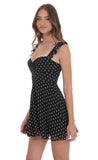 Polka Dot Ruffle Strap A Line Dress in Black