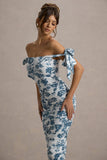 Citrus Blue Porcelain Print Bardot Bodycon Midi Dress With Bow Sleeves
