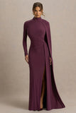 Anticipation Burgundy High Neck Maxi Dress With Front Split And Ruched Detailing