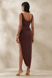 Jaylani Brown Scoop Neck Midi Dress With Draped Detailing