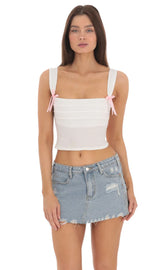 Double Pink Bows Top in White