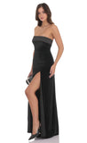 Satin Trim Velvet Strapless Maxi Dress in Black