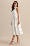 Odette White Asymmetric Neck Midi Dress With Scarf
