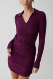 Agness Long Sleeve Button Up Knit Dress Plum
