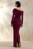 Rosirene Burgundy Asymmetric Neck Maxi Dress With Draped Detailing