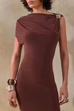 Blaire Brown Asymmetric Neck Maxi Dress With Gold Detailing