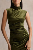 Novine Olive Velvet High Neck Midi Dress