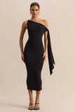 Arcelia Black Asymmetric Neck Midi Dress With Knot Sleeve Detail