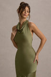 Amelita Khaki Satin Cowl Neck Maxi Dress