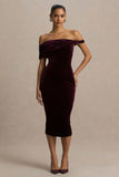 Billie Burgundy Velvet Bardot Neck Midi Dress With Twist Sleeve
