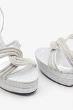 Doll Drama Silver Glitter Diamante Strappy Platform Heels