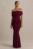 Envisioned Burgundy Bardot Neck Maxi Dress With Gathered And Drape Detail