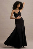 Ashly Black Satin Maxi Dress With Volume Hem