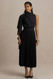 Jimena Black High Neck Midi Dress With One Long Sleeve And Pleated Detailing