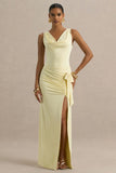 Pure Affection Pale Lemon Cowl Neck Maxi Dress With Ruched Detailing And Front High Split
