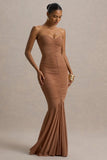 Talisa Mocha Bandeau Ruched Maxi Dress With Mesh Fishtail