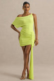 Marci Lime Green Asymmetric Ruched Mini Dress With Sash