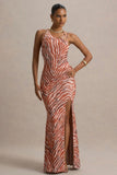 Florica Zebra Print Mesh Asymmetric Maxi Dress With Split