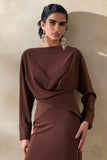 Miravia Brown Satin Wide Neck Long Sleeve Top