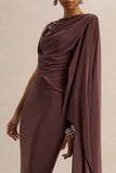 Kamoria Brown Round Neck Midi Dress With Cape Sleeve