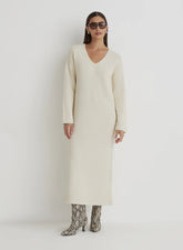 Cream V Neck Knitted Maxi Dress