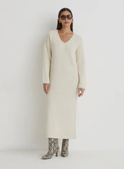 Cream V Neck Knitted Maxi Dress